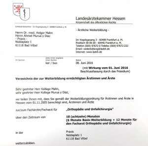 Weiterbildungsermächtigung Orthopädie und Unfallchirurgie